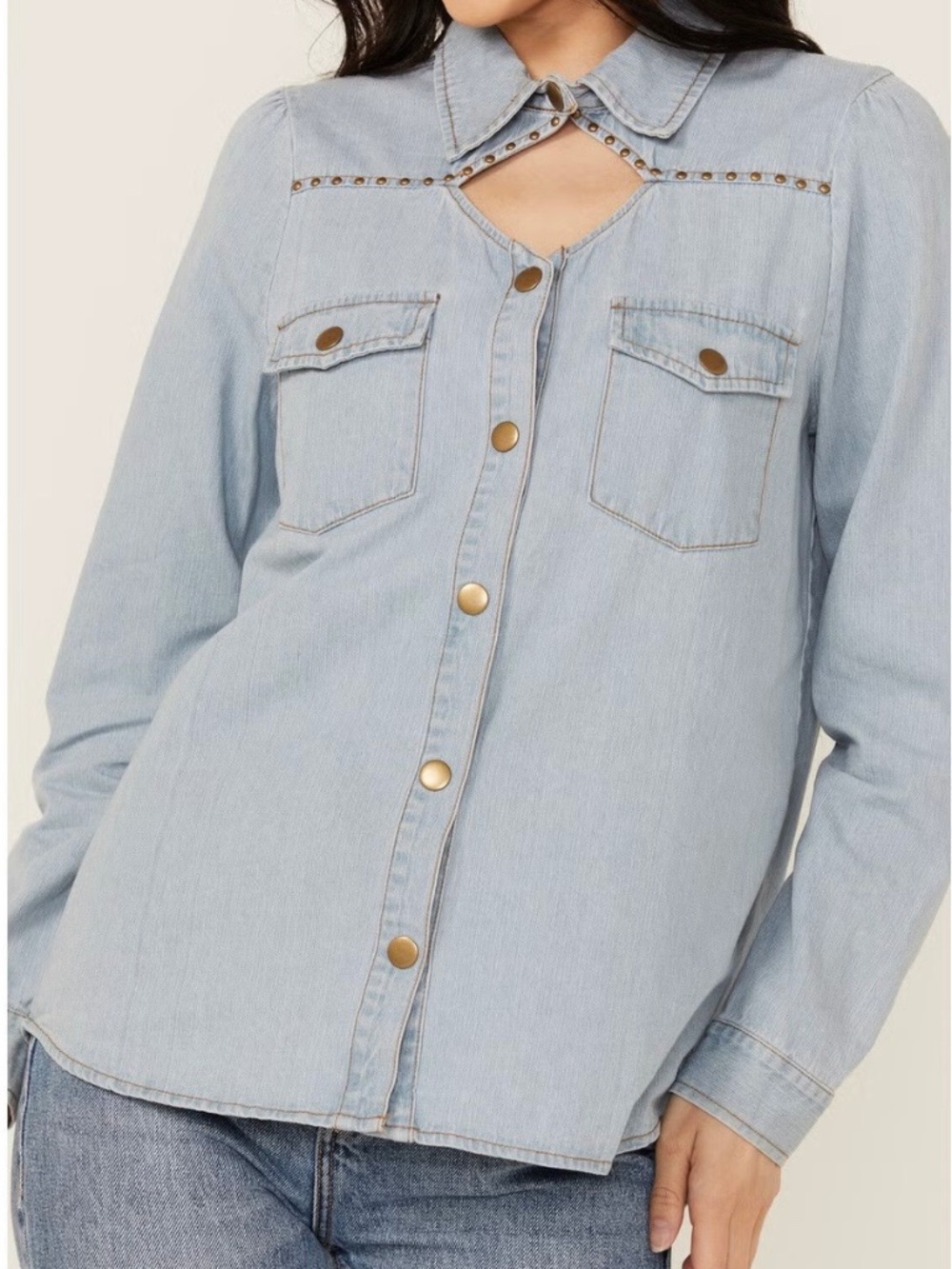 Blue B Women's Light Wash Studded Keyhole Long Sleeve Snap Denim Shirt